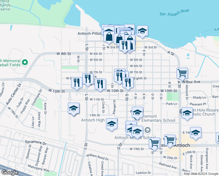 map of restaurants, bars, coffee shops, grocery stores, and more near 810 West 10th Street in Antioch