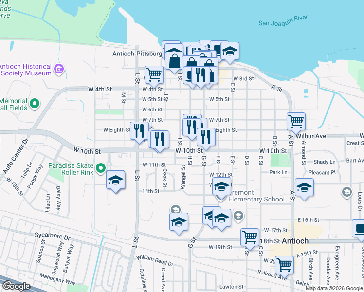 map of restaurants, bars, coffee shops, grocery stores, and more near 907 I Street in Antioch