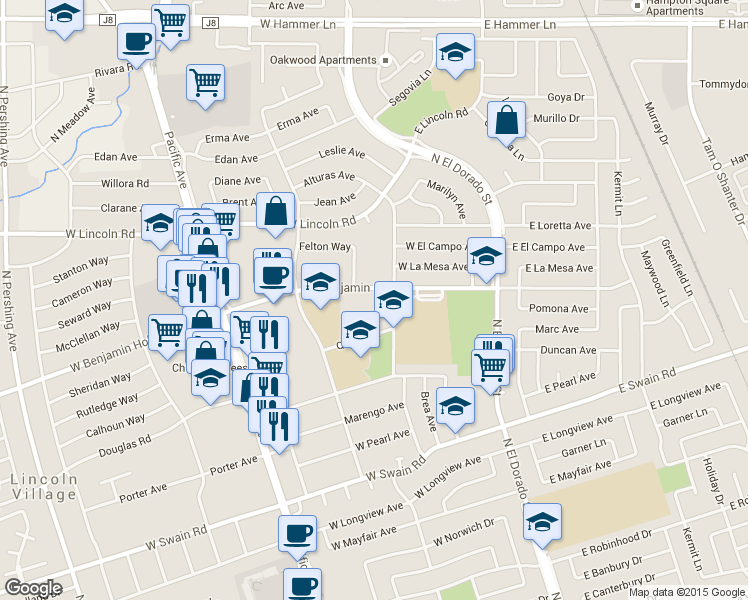 map of restaurants, bars, coffee shops, grocery stores, and more near 230 West Benjamin Holt Drive in Stockton