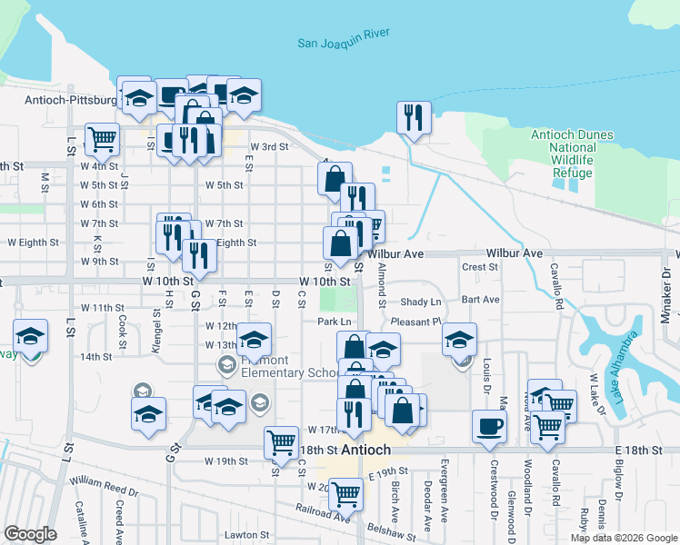 map of restaurants, bars, coffee shops, grocery stores, and more near 24 West 10th Street in Antioch