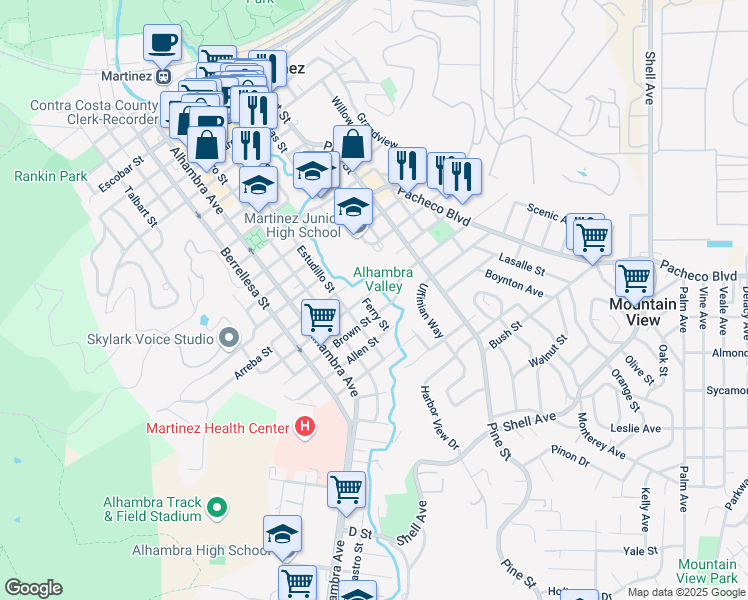map of restaurants, bars, coffee shops, grocery stores, and more near 802 Robinson Street in Martinez