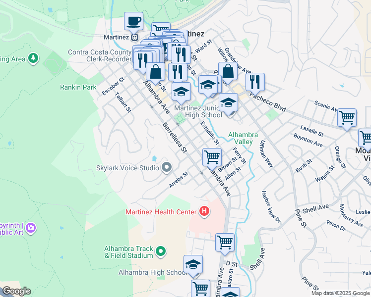 map of restaurants, bars, coffee shops, grocery stores, and more near 1503 Berrellesa Street in Martinez
