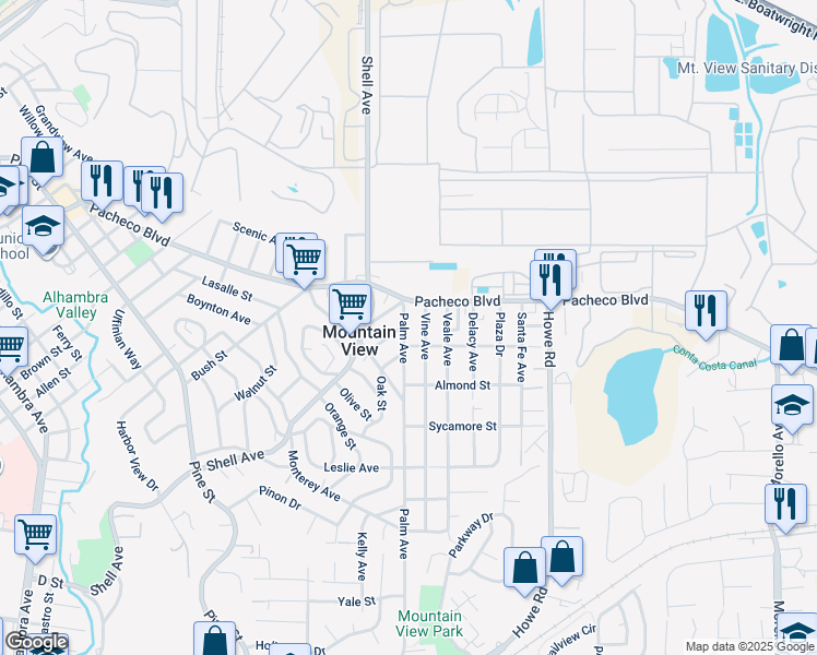 map of restaurants, bars, coffee shops, grocery stores, and more near 1328 Palm Avenue in Martinez