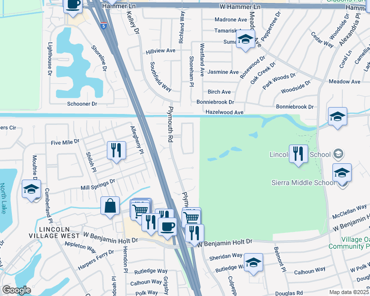 map of restaurants, bars, coffee shops, grocery stores, and more near 7009 Bridgeport Circle in Stockton