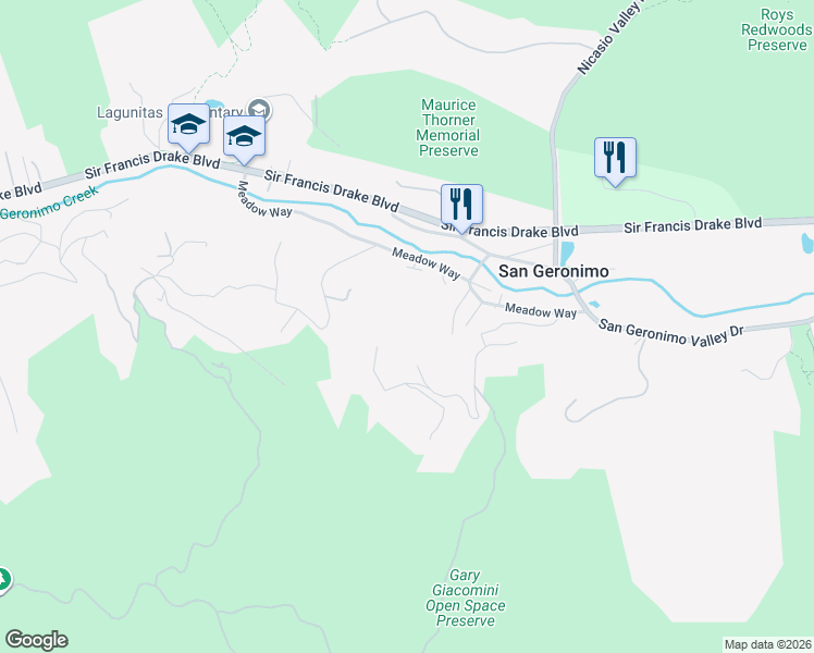 map of restaurants, bars, coffee shops, grocery stores, and more near 20 Forester Lane in San Geronimo