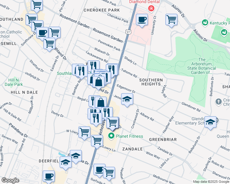 map of restaurants, bars, coffee shops, grocery stores, and more near 2020 Nicholasville Road in Lexington