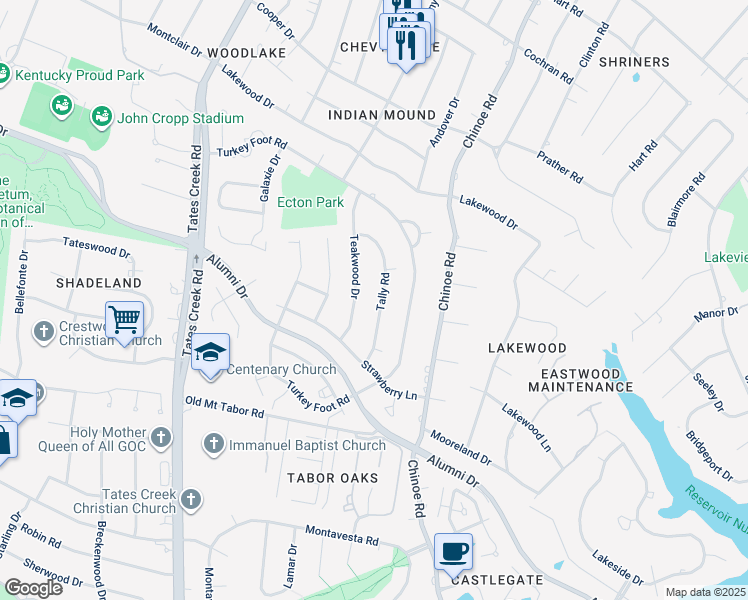 map of restaurants, bars, coffee shops, grocery stores, and more near 641 Tally Rd in Lexington