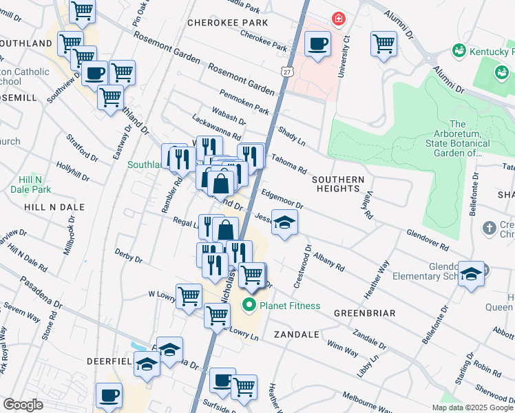 map of restaurants, bars, coffee shops, grocery stores, and more near 2020 Nicholasville Road in Lexington