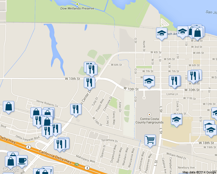 map of restaurants, bars, coffee shops, grocery stores, and more near 1600 Aster Drive in Antioch