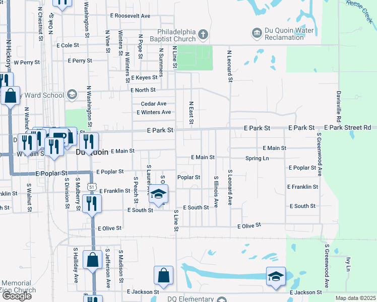 map of restaurants, bars, coffee shops, grocery stores, and more near 600-644 E Main St in Du Quoin