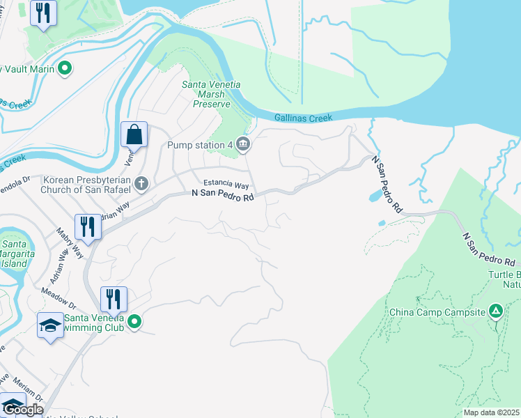 map of restaurants, bars, coffee shops, grocery stores, and more near 6 Sunny Oaks Drive in San Rafael