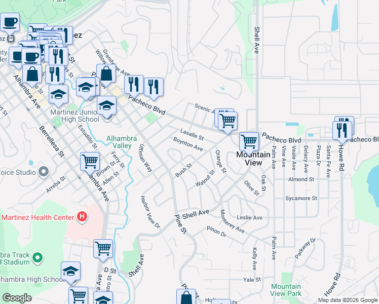 map of restaurants, bars, coffee shops, grocery stores, and more near 1151 Harbor View Drive in Martinez