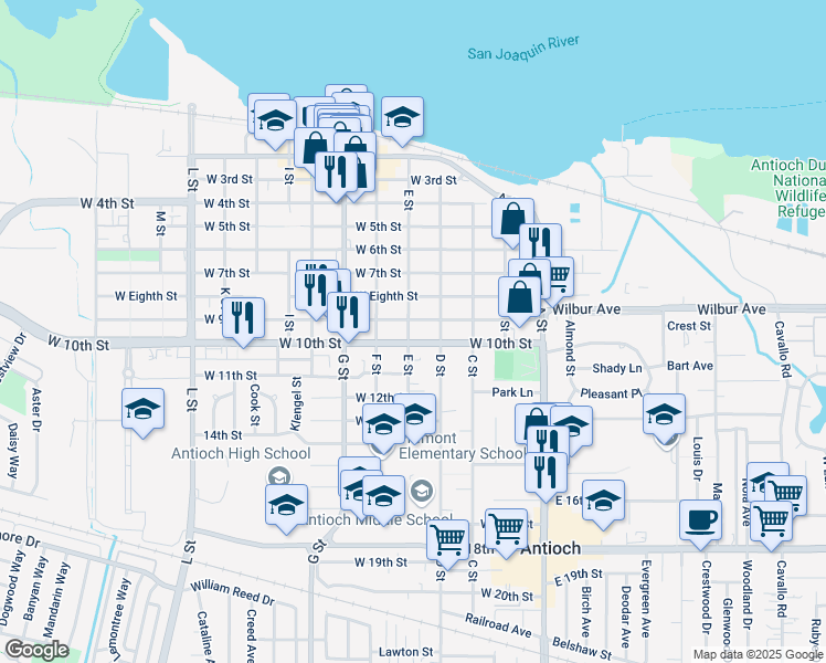 map of restaurants, bars, coffee shops, grocery stores, and more near 949 E Street in Antioch