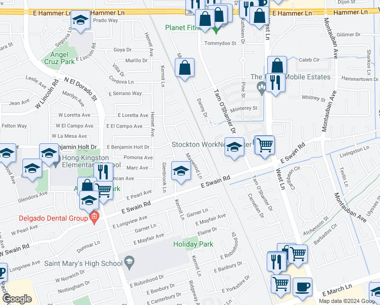 map of restaurants, bars, coffee shops, grocery stores, and more near 6212 Maywood Lane in Stockton