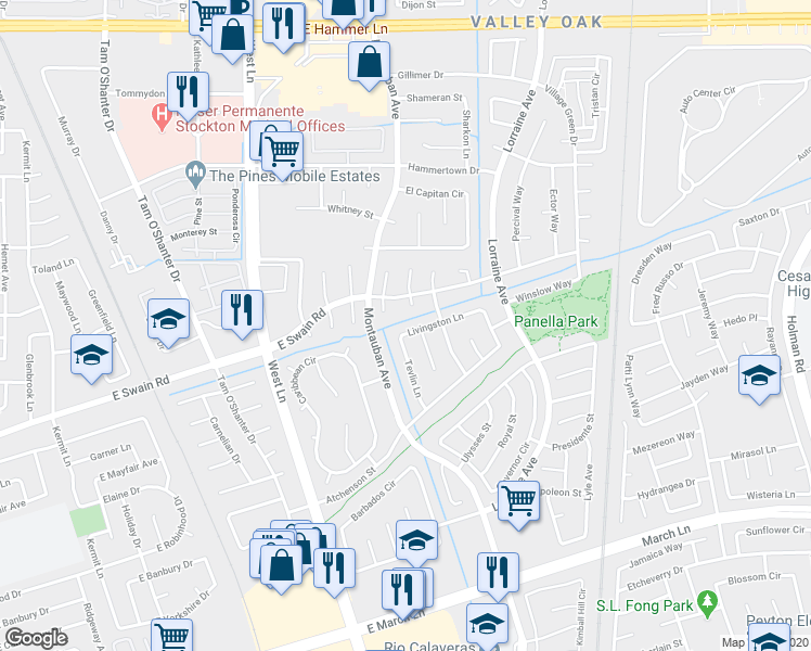 map of restaurants, bars, coffee shops, grocery stores, and more near 2019 Livingston Lane in Stockton