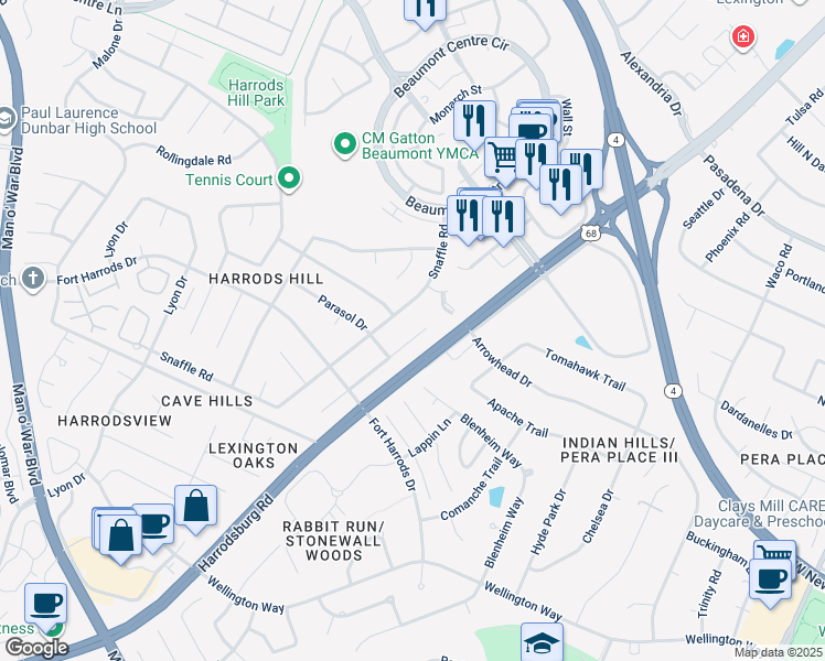 map of restaurants, bars, coffee shops, grocery stores, and more near 3327 Nevius Drive in Lexington