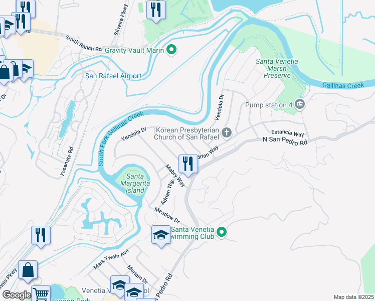 map of restaurants, bars, coffee shops, grocery stores, and more near 106 Hawthorne Way in San Rafael