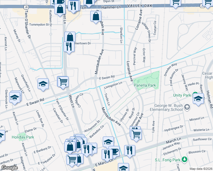 map of restaurants, bars, coffee shops, grocery stores, and more near 2025 Livingston Lane in Stockton
