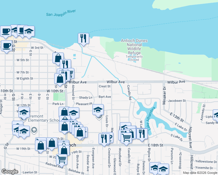 map of restaurants, bars, coffee shops, grocery stores, and more near 234 Crest Street in Antioch