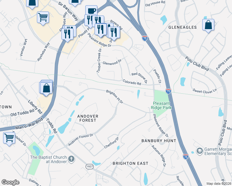 map of restaurants, bars, coffee shops, grocery stores, and more near 3277 Brighton Place Drive in Lexington