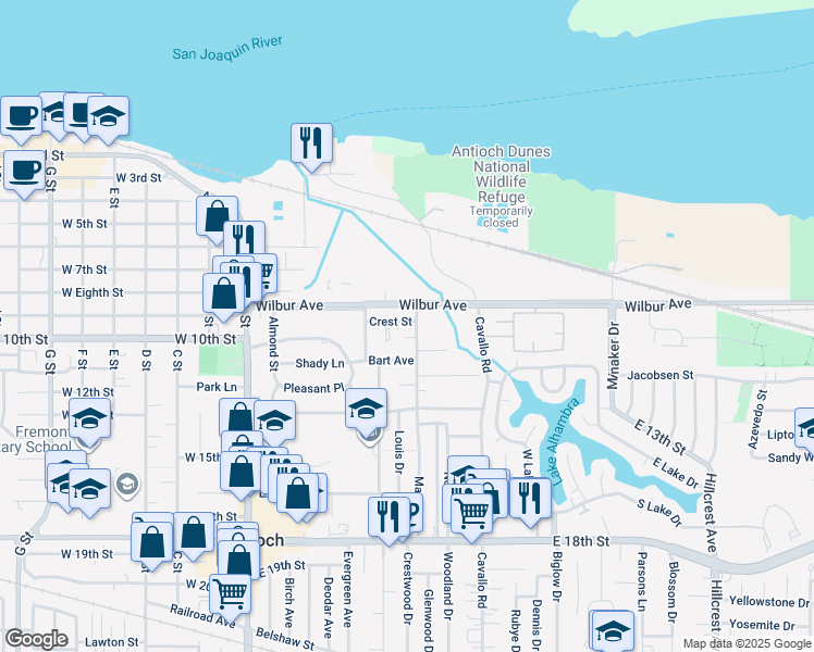 map of restaurants, bars, coffee shops, grocery stores, and more near 234 Crest Street in Antioch