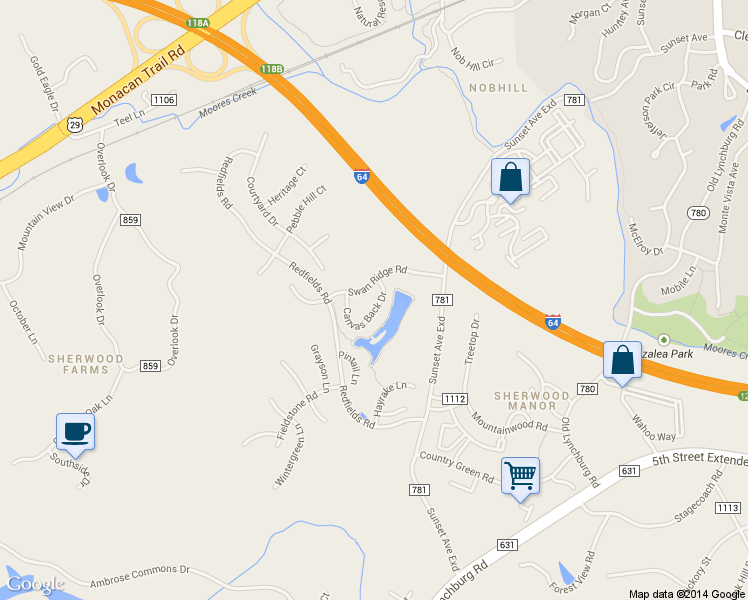 map of restaurants, bars, coffee shops, grocery stores, and more near 999 Canvas Back Drive in Charlottesville