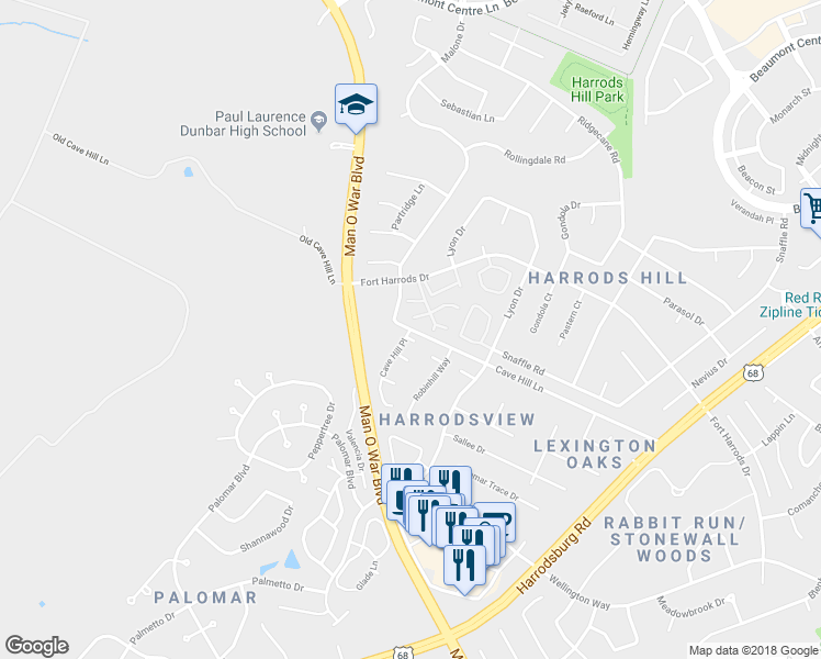 map of restaurants, bars, coffee shops, grocery stores, and more near 3358 Cave Hill Place in Lexington