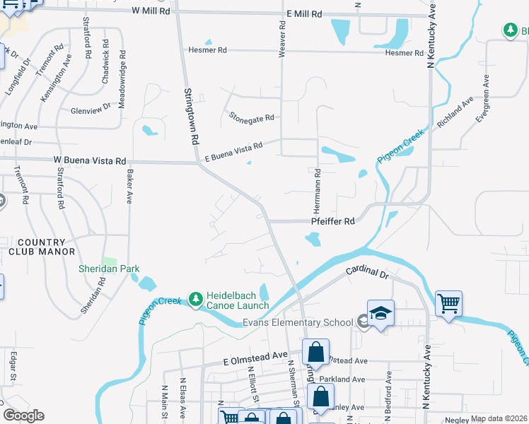 map of restaurants, bars, coffee shops, grocery stores, and more near 3616 Stringtown Road in Evansville
