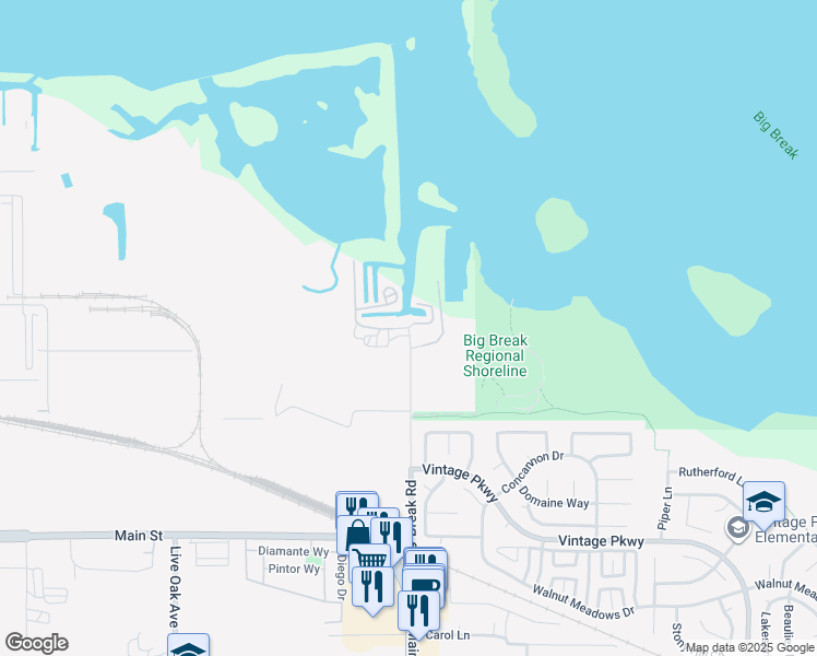 map of restaurants, bars, coffee shops, grocery stores, and more near 127 Big Break Road in Oakley