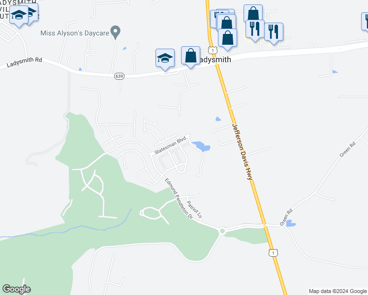 map of restaurants, bars, coffee shops, grocery stores, and more near 18321 Congressional Circle in Ruther Glen