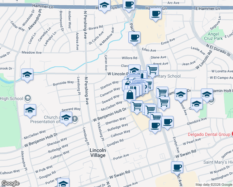 map of restaurants, bars, coffee shops, grocery stores, and more near 1063 Seward Way in Stockton