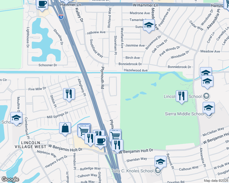 map of restaurants, bars, coffee shops, grocery stores, and more near 7009 Bridgeport Circle in Stockton