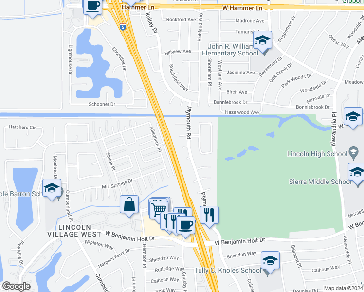 map of restaurants, bars, coffee shops, grocery stores, and more near 2932 Whittier Court in Stockton