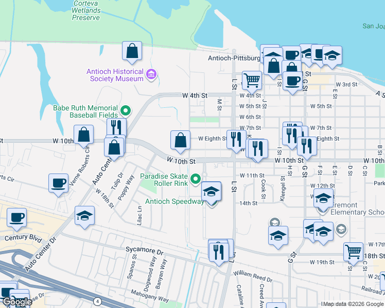 map of restaurants, bars, coffee shops, grocery stores, and more near 1312 West 10th Street in Antioch