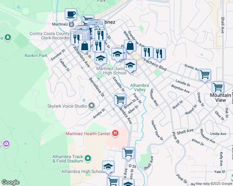 map of restaurants, bars, coffee shops, grocery stores, and more near 1607 Alhambra Avenue in Martinez