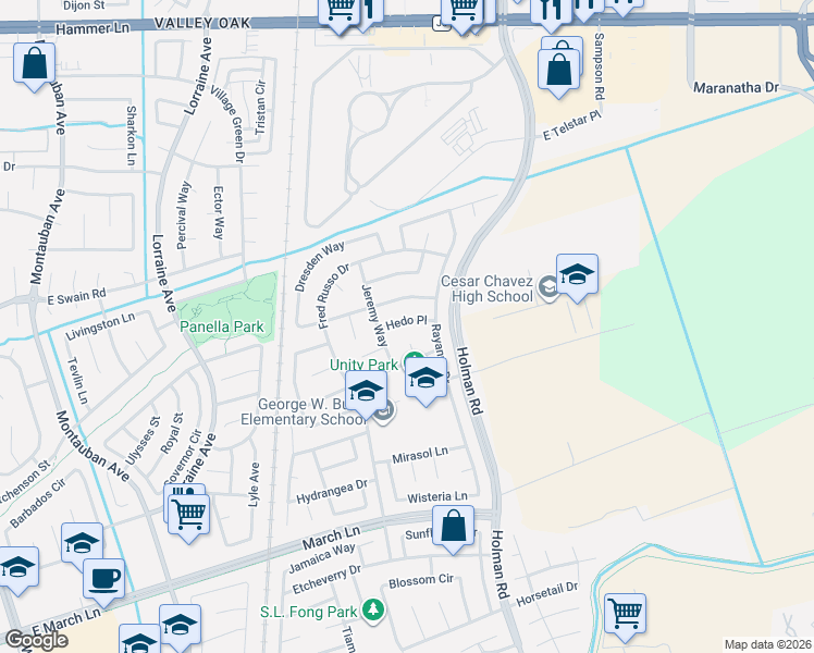 map of restaurants, bars, coffee shops, grocery stores, and more near 2806 Hedo Place in Stockton