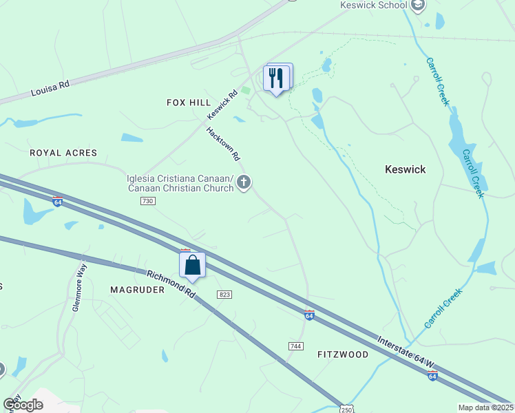 map of restaurants, bars, coffee shops, grocery stores, and more near 890 Hacktown Road in Keswick