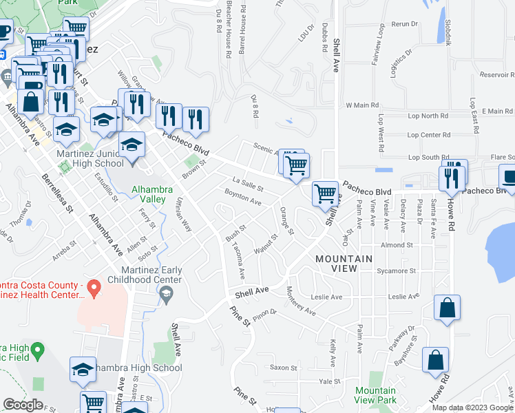 map of restaurants, bars, coffee shops, grocery stores, and more near 2130 Boynton Avenue in Martinez