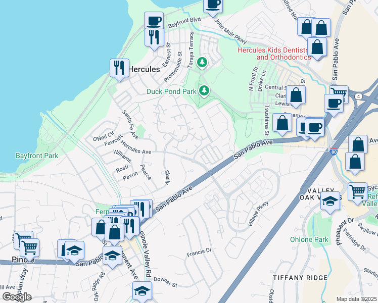 map of restaurants, bars, coffee shops, grocery stores, and more near 308 Atlas in Hercules
