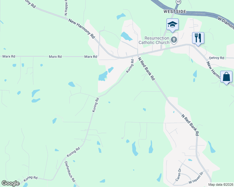 map of restaurants, bars, coffee shops, grocery stores, and more near 3525 Koring Road in Evansville
