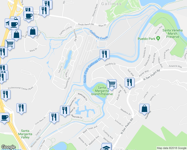 map of restaurants, bars, coffee shops, grocery stores, and more near 112 Vendola Drive in San Rafael
