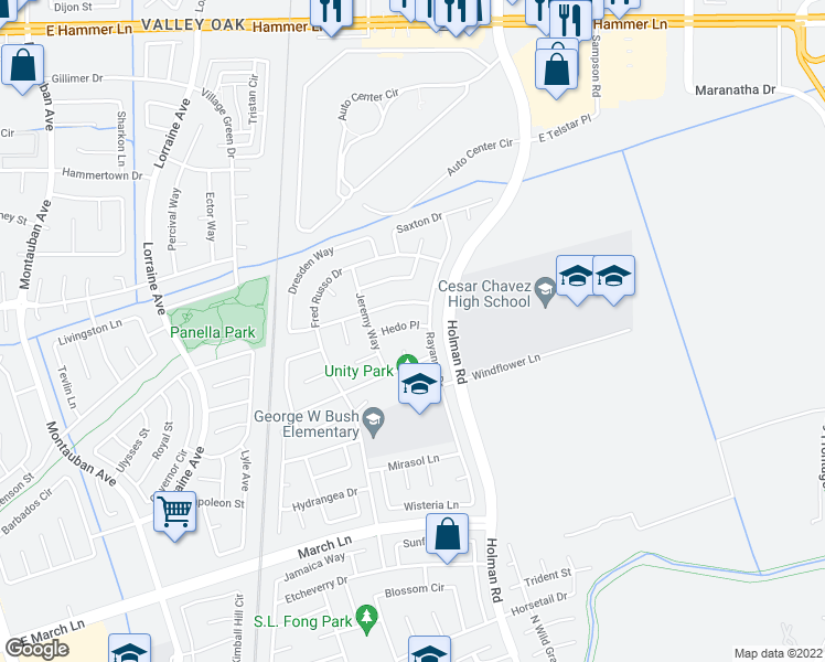 map of restaurants, bars, coffee shops, grocery stores, and more near 2830 Hedo Place in Stockton