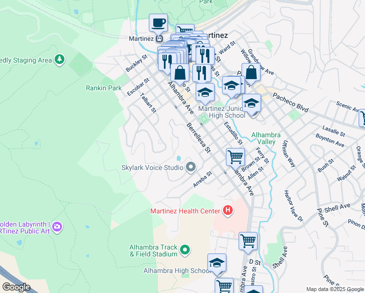 map of restaurants, bars, coffee shops, grocery stores, and more near 1301 Thomas Drive in Martinez