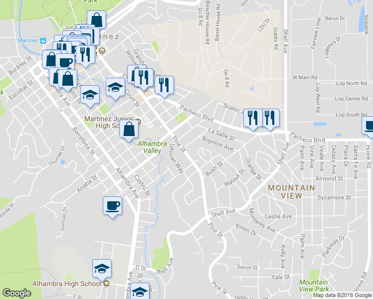 map of restaurants, bars, coffee shops, grocery stores, and more near 1951 Pine Street in Martinez