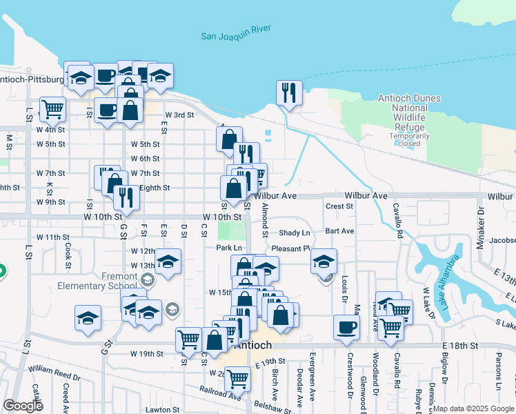 map of restaurants, bars, coffee shops, grocery stores, and more near 910 Almond Street in Antioch
