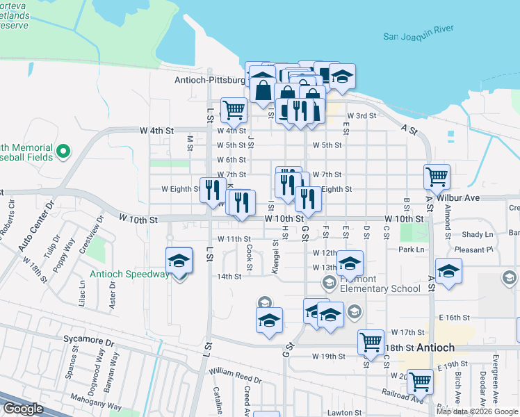 map of restaurants, bars, coffee shops, grocery stores, and more near 810 West 10th Street in Antioch