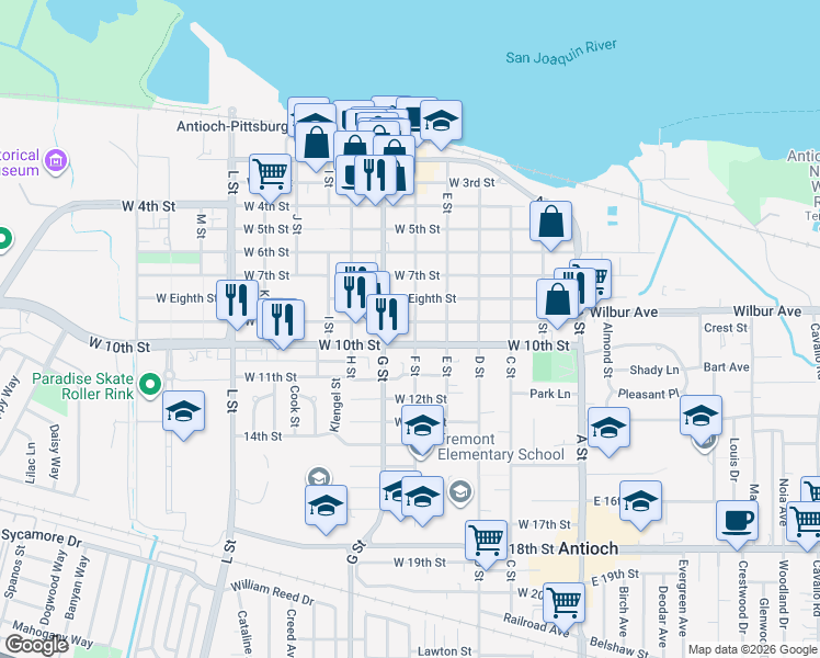 map of restaurants, bars, coffee shops, grocery stores, and more near 501 West 9th Street in Antioch