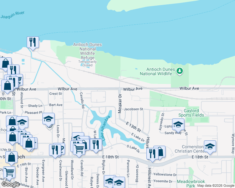 map of restaurants, bars, coffee shops, grocery stores, and more near 912 Minaker Drive in Antioch