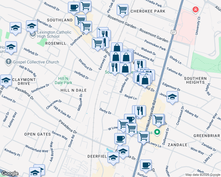 map of restaurants, bars, coffee shops, grocery stores, and more near 269 Regency Circle in Lexington