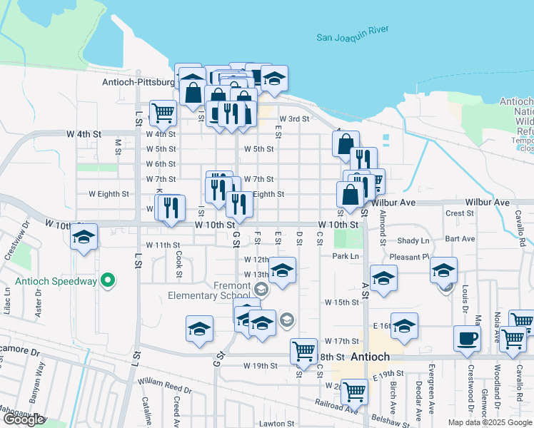 map of restaurants, bars, coffee shops, grocery stores, and more near 415 West 9th Street in Antioch